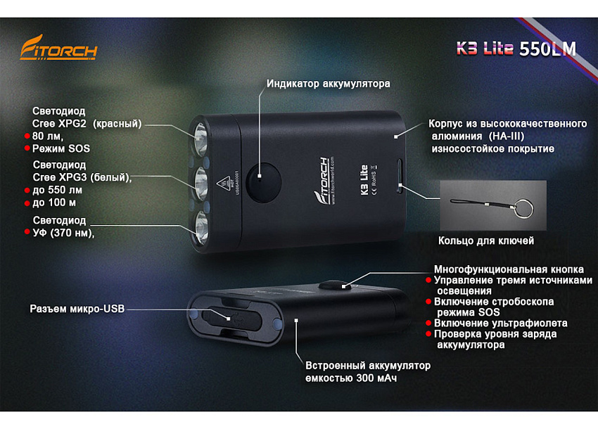 Фонарь брелок FiTorch K3 Lite (USB зарядка, 3 светодиода: красный, белый, УФ) серебристый